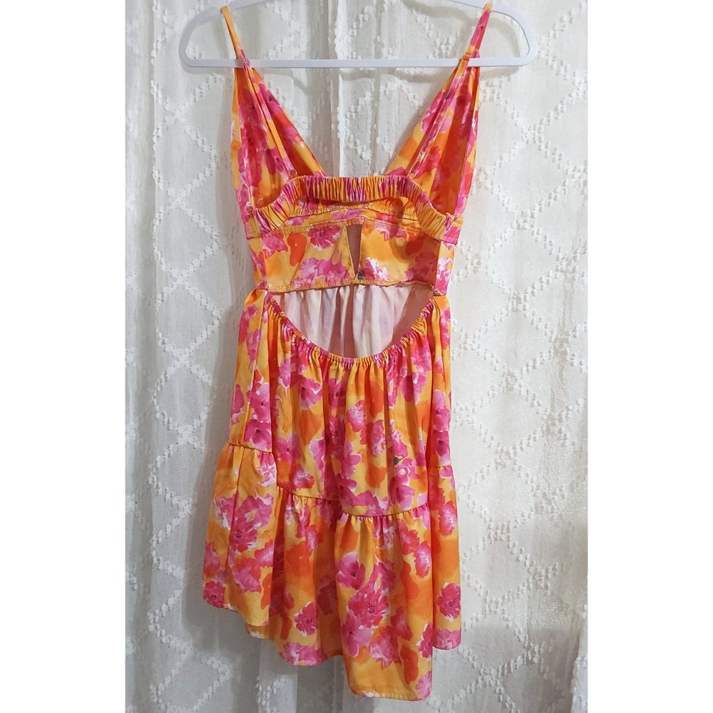 SHEIN Womens Floral V-Neck Cutout Tiered Mini Dress Pink Orange Size Small 4 - Picture 3 of 3